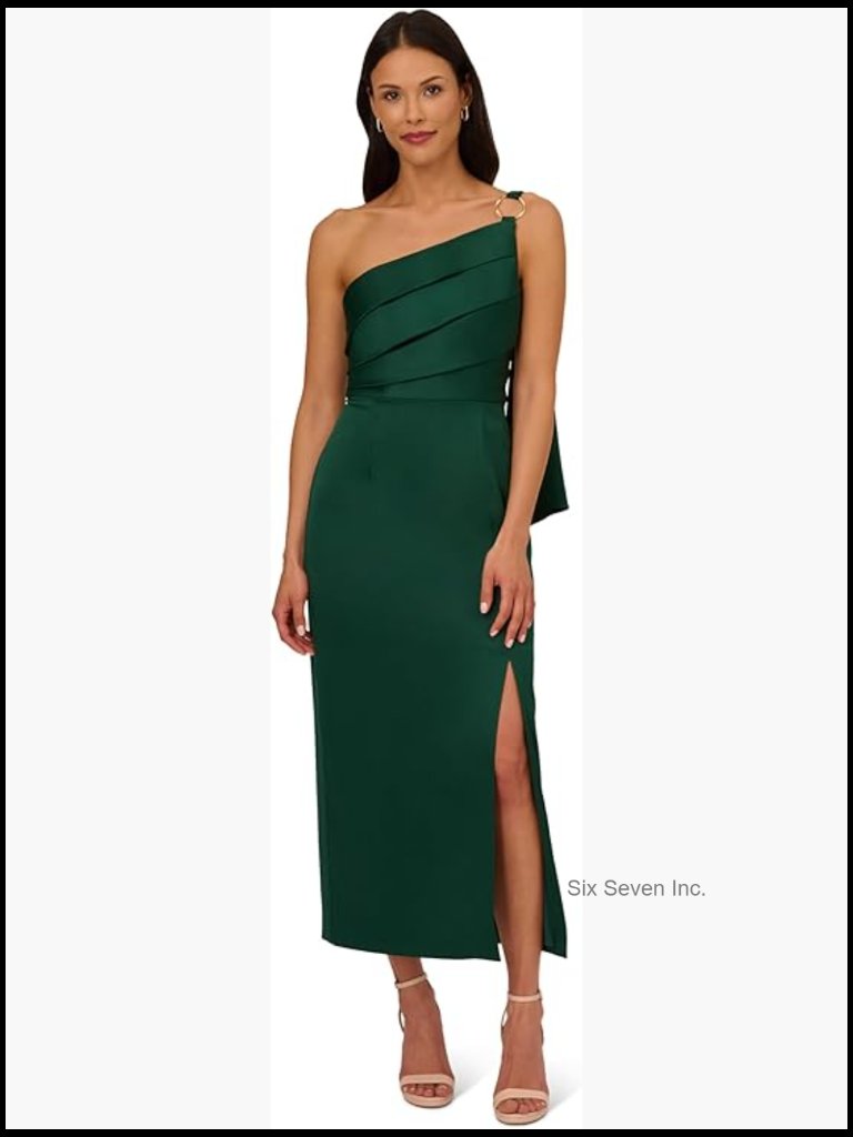 One-Shoulder Satin Crepe Evening Gown With Side Slit